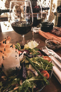 Close-up of served food on table