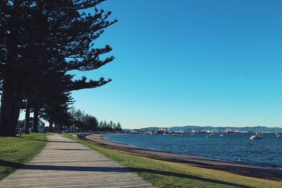 Sea by empty footpath against clear sky