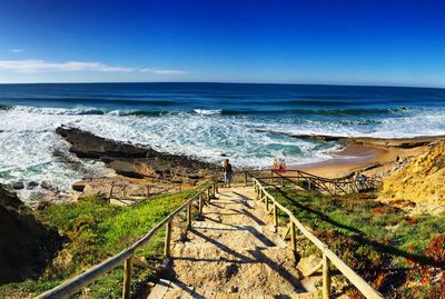 Scenic view of sea against clear blue sky