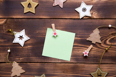 High angle view of christmas decorations on table