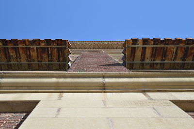 Low angle view of built structure against clear blue sky