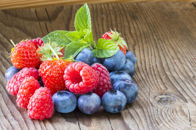 High angle view of strawberries on table