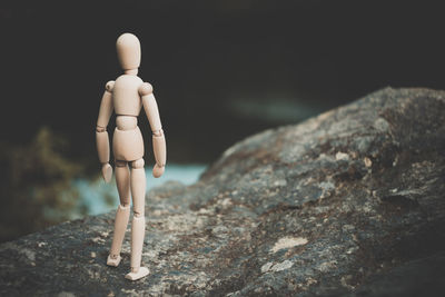 Close-up of figurine on rock