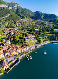 High angle view of townscape by sea