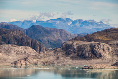 Scenic view of lake by mountains against sky