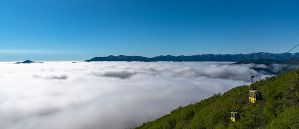 Scenic view of snowcapped mountains against clear blue sky