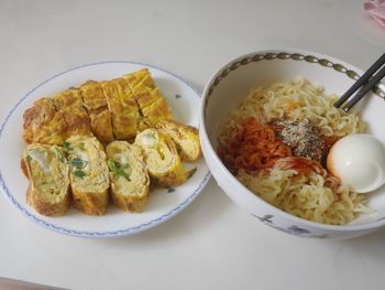 High angle view of breakfast served on table