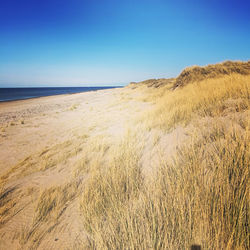Scenic view of sea against clear blue sky