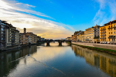 Arch bridge over river amidst buildings in city against sky