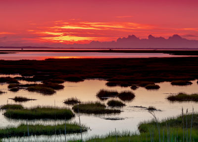 Scenic view of lake against sky during sunset