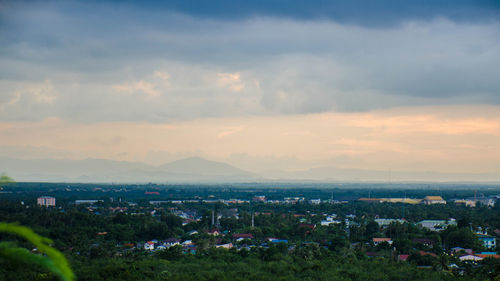 High angle view of townscape against sky during sunset