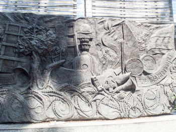 Close-up of religious sculpture against building