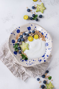 High angle view of breakfast served on table