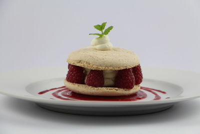 Close-up of cake in plate against white background