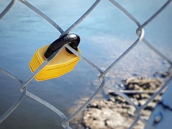 Close-up of padlock hanging from chainlink fence over river