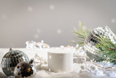 Close-up of christmas decorations on table