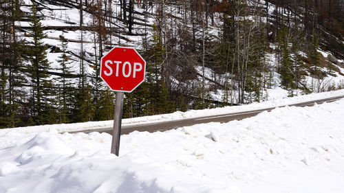 Road sign on snow covered landscape