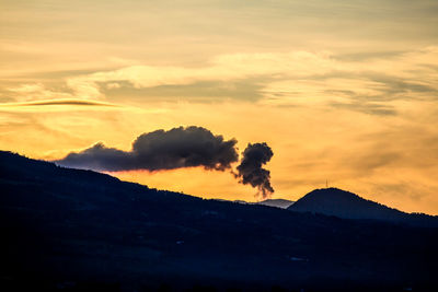 Scenic view of silhouette mountain against sky at sunset