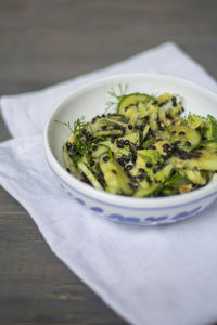 High angle view of salad in bowl on table