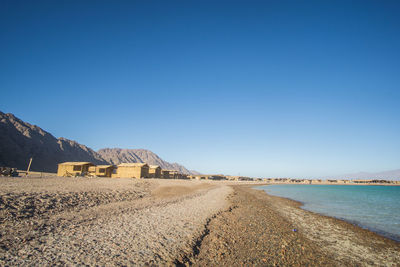 Scenic view of beach against clear blue sky