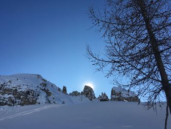 Scenic view of snow covered landscape against clear sky