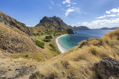 Scenic view of sea and mountains against sky