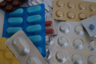 High angle view of glasses on table