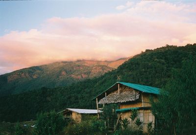 House amidst trees and buildings against sky during sunset