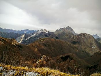 Scenic view of mountains against cloudy sky