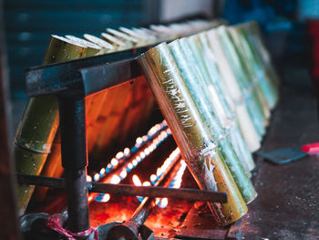 Preparation of thai street food in bamboo