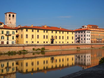 Buildings by river against blue sky