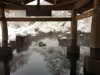 Reflection of built structure in water during winter