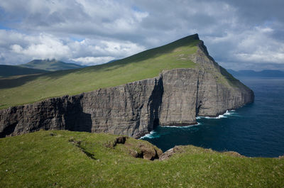 Scenic view of sea by mountain against sky