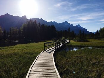 Empty walkway on field by mountains against sky