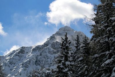 Low angle view of snowcapped mountains against sky