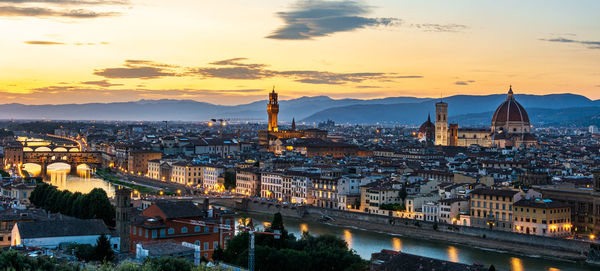 Buildings in city at sunset