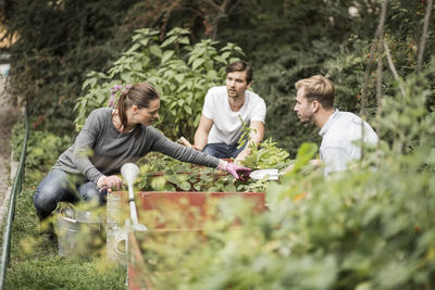 Friends gardening together