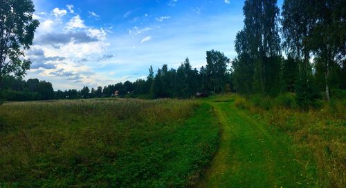 Scenic view of grassy field against cloudy sky