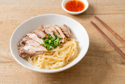 High angle view of food in plate on table