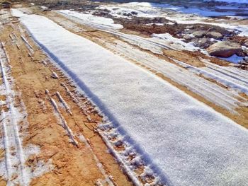 High angle view of frozen water