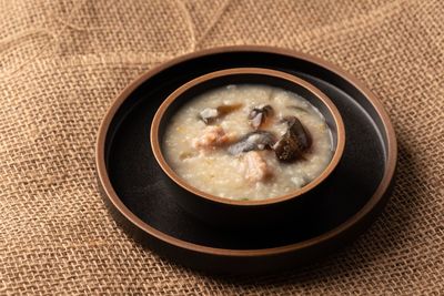 High angle view of soup in bowl on table