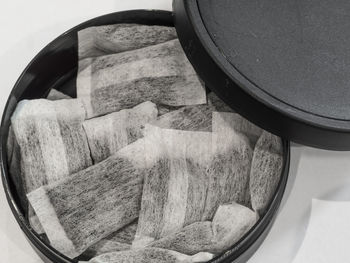 High angle view of bread in bowl on table