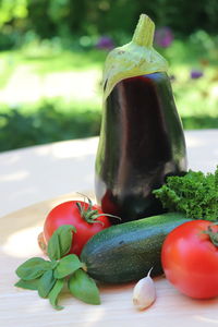 Close-up of red bell peppers on table