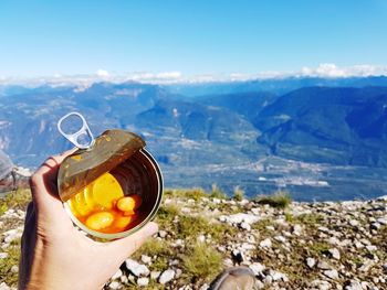 Person holding beans in box against mountains