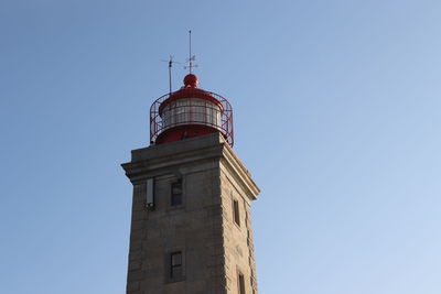 Low angle view of lighthouse by building against clear sky