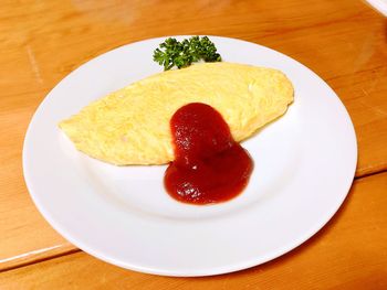 High angle view of cake in plate on table