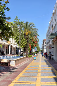 Street amidst trees and buildings in city against sky