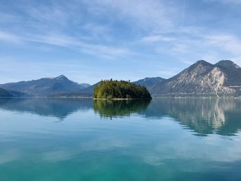 Scenic view of lake and mountains against sky