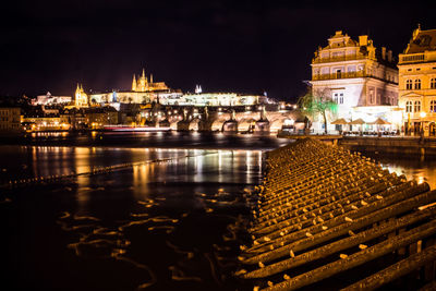 Reflection of illuminated buildings in river at night