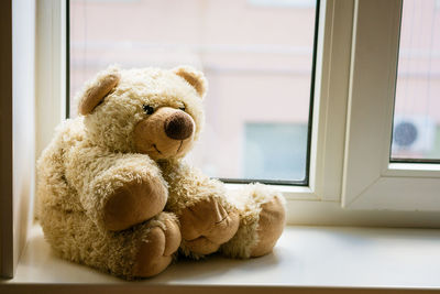 A cute teddy bear sits on the windowsill by the window. stay home, safe.